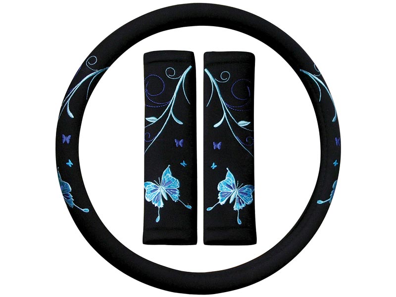 Autogear 3 Piece Steering Wheel Cover/Seat Belt Comforter Blue Butterfly Set