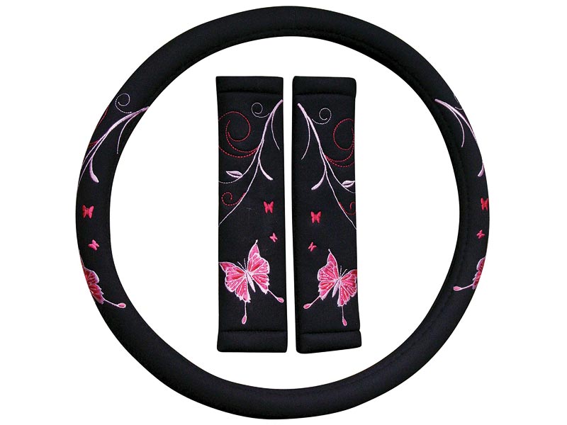 Autogear 3 Piece Steering Wheel Cover/Seat Belt Comforter Pink Butterfly Set